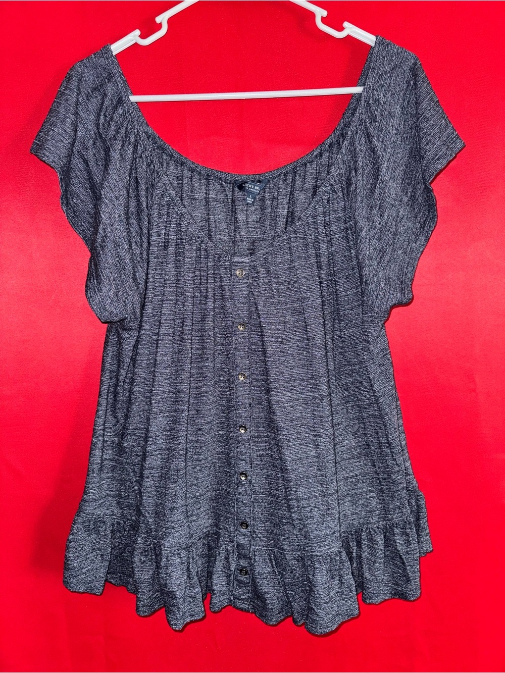#420-Lucky Brand Heathered Charcoal Button-Front Tunic Sz Lg